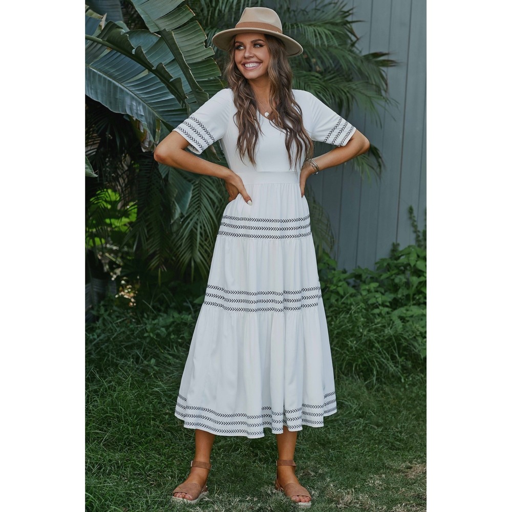 Roolee White Maxi Dress with Black Trim